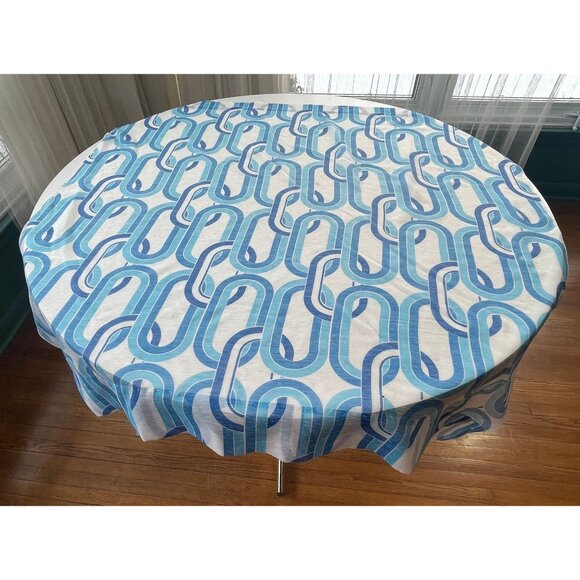 Vintage 1970s curtain, blue and white geometric groovy pattern, single panel - Picture 1 of 10